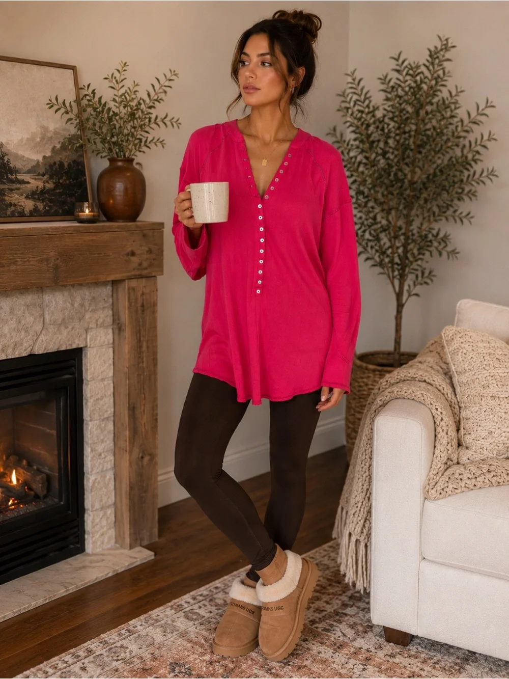 Free People XS Pink Pointelle Henley Tunic Top NWT Cotton Blend